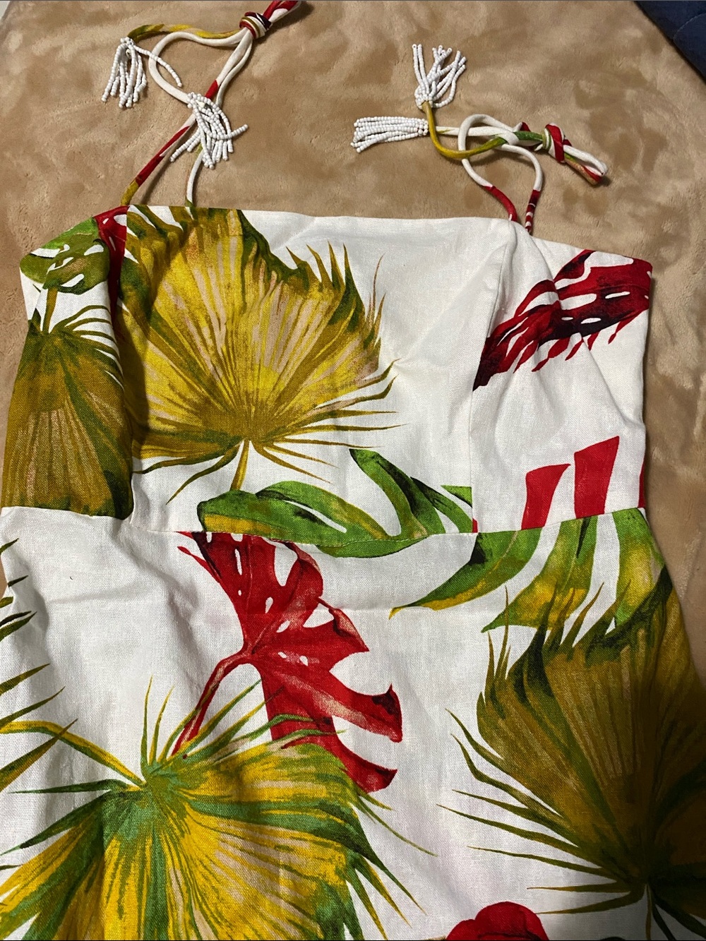 House of Harlow 1960 White Tropical Midi Dress with Red & Green Leaf Print Sz S